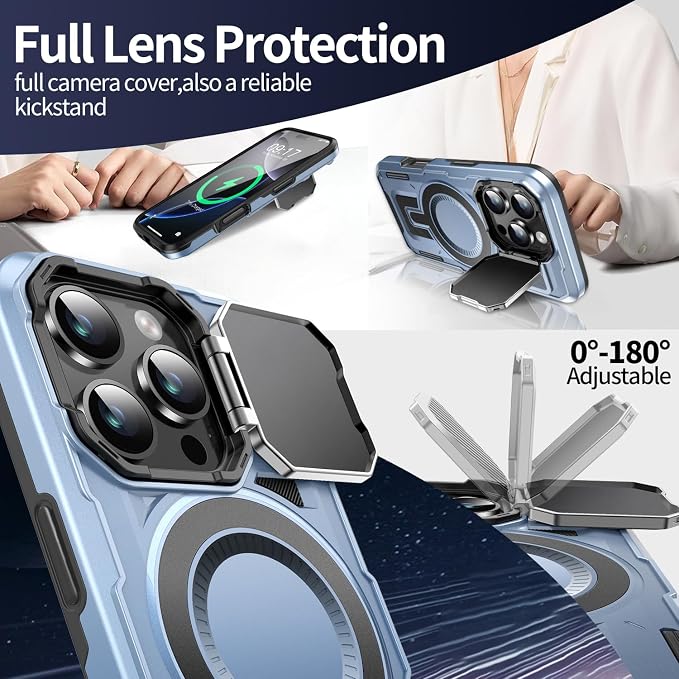 Camera Stand Case for iPhone 16 Pro, [Compatible with MagSafe] [Lens Cover] 2024 Version Military Grade Protective Soft Case for iPhone 16 Pro 6.3 inch Men Women, Blue - Image 3