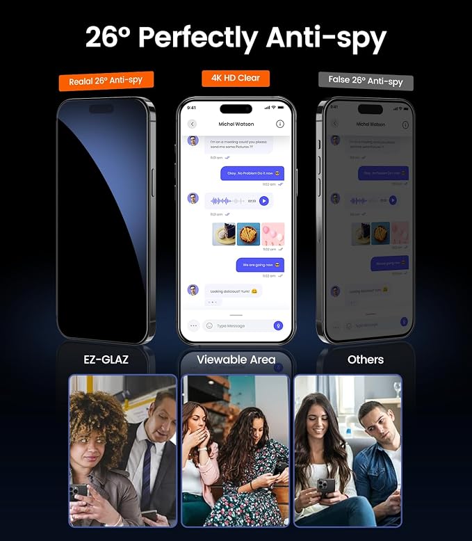 EZ-GLAZ-4 Pack for iPhone 15 Pro Privacy Screen Protector (6.1") | 26° Privacy Protection, 12FT Military Grade Shatterproof, 9H+ Tempered Glass Film with Flawless Fit Box, Scratch Resistant - Image 3