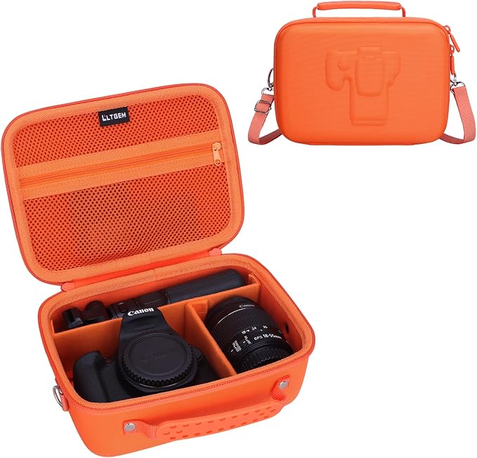 L LTGEM Hard Camera Case Compatible with Canon EOS Rebel T7, R50, R6 Mark II, R100, DSLR SLR Cameras, Lenses, and Tripods, Camera Travel Bag, Featuring 4 Dividers and a Shoulder Strap, Orange by LTGEM