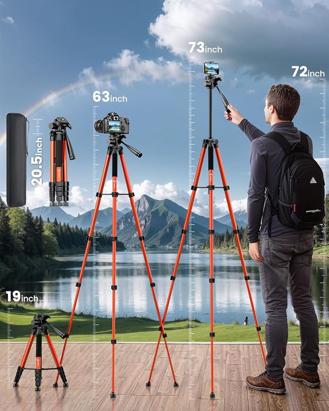 73" Camera Tripod, Aluminum Travel Tripod for Camera & Phone, Orange | DSLR Tripod with Phone Holder, Quick Release Plate, Travel Bag, Compatible with GoPro Camcorder, 8.8 lbs Load - Image 3