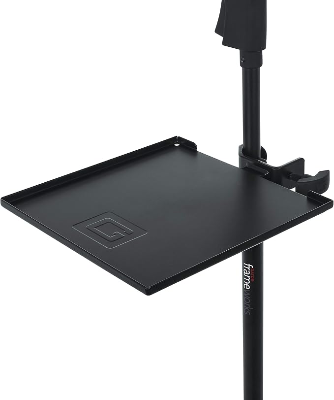 Gator Frameworks Microphone Stand Utility Shelf; 9" x 9" (GFW-SHELF0909) | Steel Tray Secures Accessories with Raised Edges and Clamps to Most Mic Stands 10 lb Weight Capacity by GatorCases