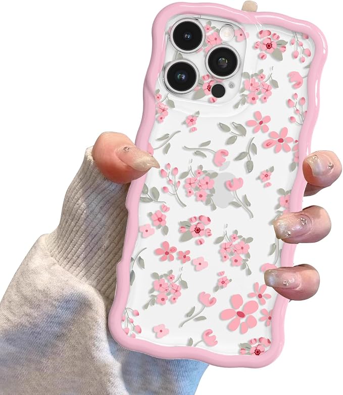 QLTYPRI for iPhone 15 Pro Pink Flower Case, Clear Cute Pink Floral Flower Phone Case Curly Wavy Aesthetic Phone Cover, Soft Slim Transparent TPU Shockproof Protective Cover for Women Girls - Pink - Image 7