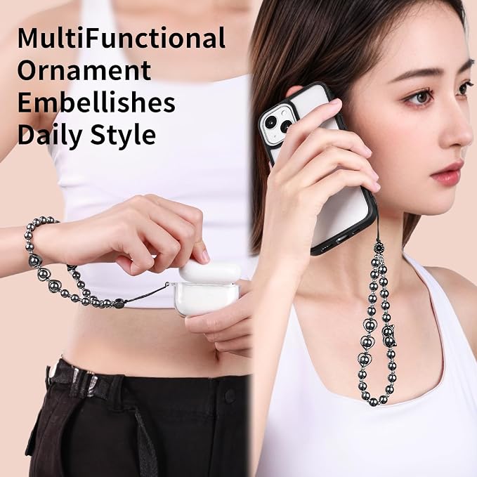 Phone Charm Beaded Strap Cute Cell Phone Wrist Straps String Accessories Hand Aesthetic Lanyard Wristlet Chain for iPhone 17 Pro Camera Case AirPods Bags Keychains Women Girls Gray Pearl - Image 6