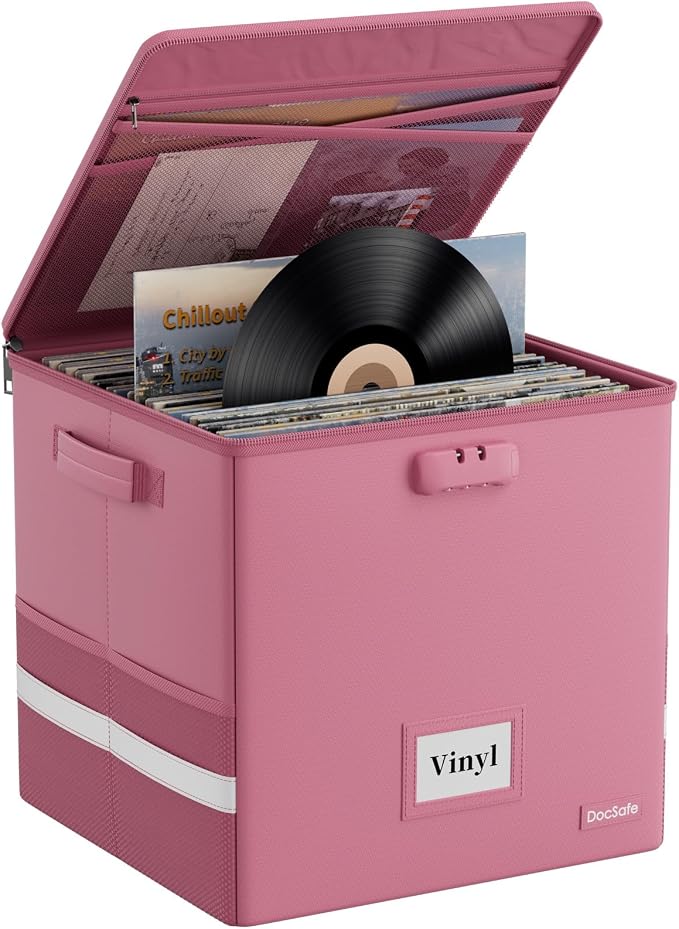 DocSafe Vinyl Record Storage Box with Lock, Fireproof＆Water Resistant Record Organizer for 100+ Single Records(12-inch), Collapsible Storage Crate with Lid&Handles for Valuable Album Collection,Pink by DocSafe
