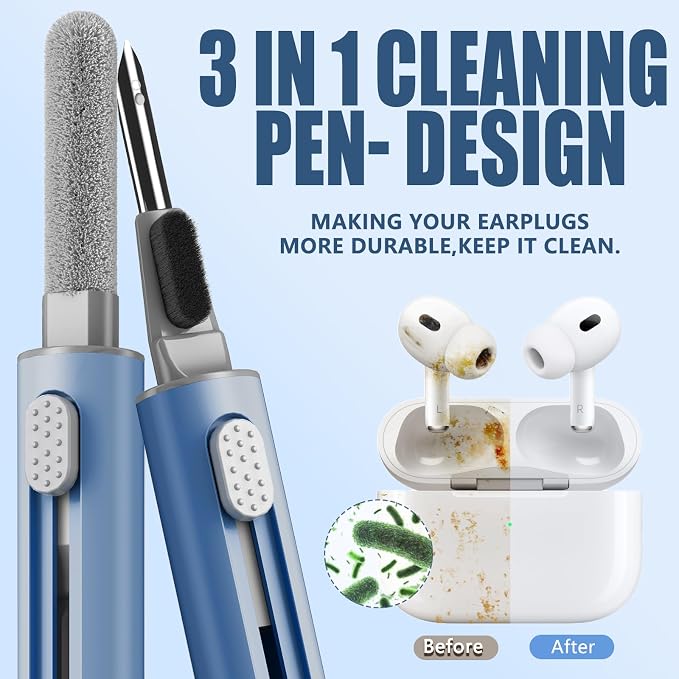 Inesore for AirPod Cleaning Kit, for Phone Earbuds Electronics (Deep Blue) | Metal Tip, High-Density Soft Brush, Flocked Sponge Tip, 3 in 1 Design, Compact & Lightweight, Easy Operation, Easy to Carry - Image 3