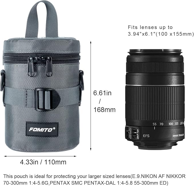 FOMITO Camera Lens Case Pouch Bag for Canon EF-S 17-55mm/17-85mm,EF 35mm f2, Nikon AF-S 18-200mm/18-105mm/18-300mm, Fujifilm XF 56mm f1.2 R & More Lens Below 3.94" x 6.1"(D x L) - Grey M size - Image 7