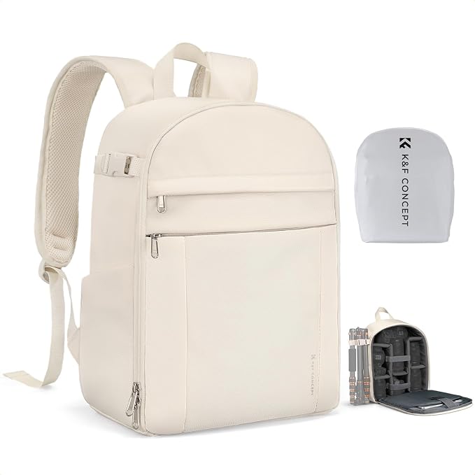 K&F CONCEPT Camera Backpack, DSLR/SLR/Mirrorless Photography Camera Bag | 14in Laptop Compartment & Rain Cover, 600D Fabric for Travel & Daily, Men & Women, Dual-Mode Detachable Dividers, Beige, B19 by KFCONCEPT