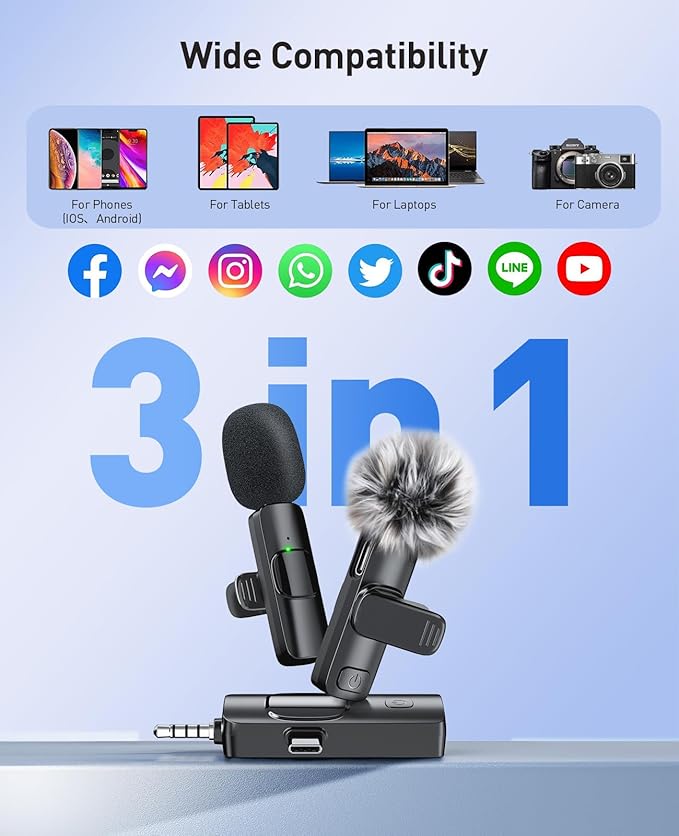 MENERESAS 3-in-1 Mini Microphone for iPhone: Wireless Lavalier Microphone with 80ft Range & 15H Battery - Noise Reduction Lapel Mic, Real-Time Monitoring for Video Recording Power Conditioners - Image 4