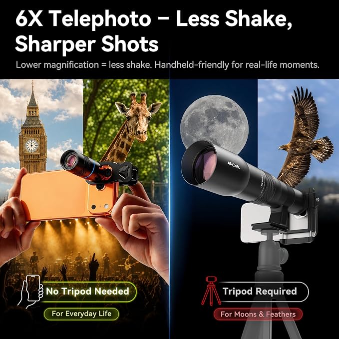 APEXEL 6X Telephoto Lens for iPhone – 144mm Equivalent, Universal Clip | for Samsung, Pixel and Android | for Travel, Street, and Everyday Creative Shots | 10-Glass Optics, Aluminum Build - Image 4