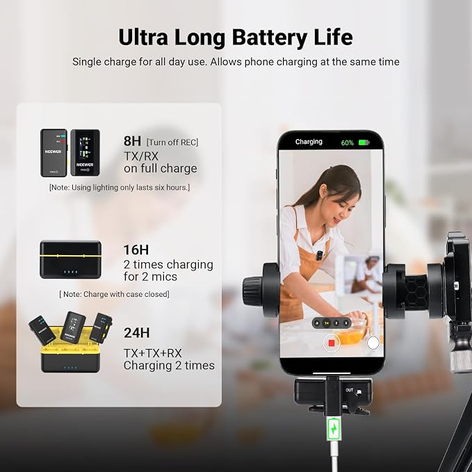 NEEWER CM28 Wireless Lavalier Microphone, Smart Noise Cancelling Lav Mic, 48KHz/16Bit 9hrs Uncompressed Recording, 200m Range, 4GB Storage for iPhone, Android, Camera, 1 RX + 2 TX + Charging Case - Image 7