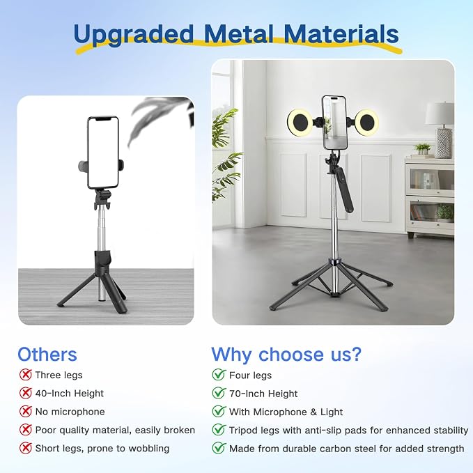 Content Creator Vlogging Kit,180CM Metal Selfie Stick Tripod with Light and Wireless Microphones,Vlogging Kit for iPhone/Android,Phone Tripod for Tiktok &YouTube Starter Kit - Image 4