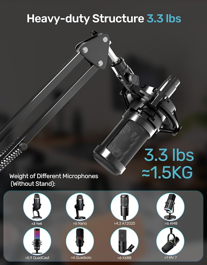 Mic Boom Arm Stand [MAX 3.3lbs] Heavy Duty Desk Scissor Mount for Streaming | for Blue Yeti, HyperX QuadCast S, SoloCast, Snowball, Fifine K669B, AT2020, Medium Arm, Desk Clamp & Cable - Image 3