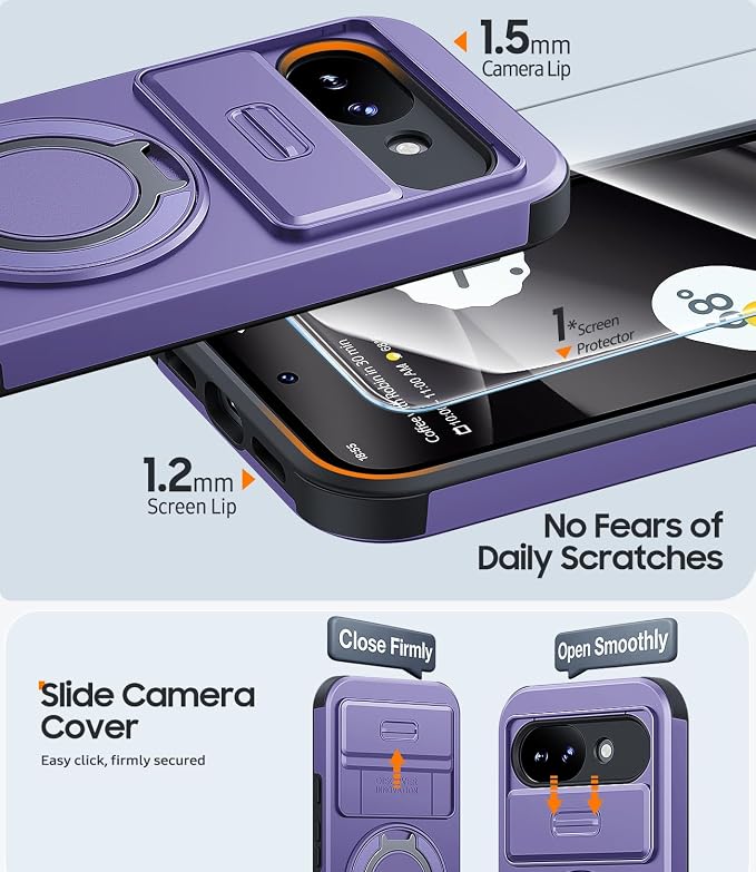 JAME for Google Pixel 10A Case with Ring Stand & Slide Camera Cover Purple | Ring Holder Kickstand, Screen Protectors, Dual-Layer Shockproof Protective, Magnetic Accessory Friendly Phone Case, Purple - Image 5