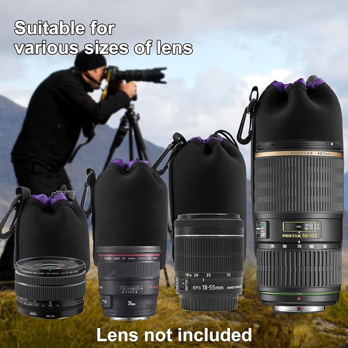 4Pcs Camera Lens Case Bag,4 Sizes Purple Water Resistant Protective Lens Pouch Set With Adjustable Drawstring Rotating Clamp,Replacement Compatible Thick Protective Neoprene for Canon,Nikon,Sony - Image 6
