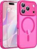 FNTCASE for iPhone 17 Pro Case, Fit for Magsafe, Screen Protector, Hot Pink | Full Camera Protection, Translucent Matte, 14FT Military Grade Drop Proof, Shockproof Protective Phone Cover by FNTCASE