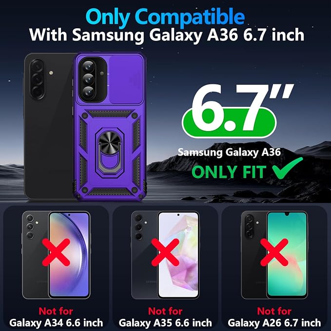 Taisairu for Samsung Galaxy A37 Case/A36 Case with Screen Protector & Slide Camera Lens Cover, Built-in Ring Stand Shockproof Protective Case for Samsung A37 5G Case/Samsung A36 5G Case (Purple) - Image 9