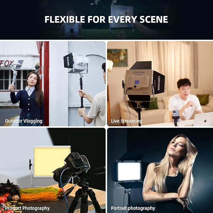 Godox LP400Bi Bicolor LED Video Light with Barndoor, 36W 2800K-6500K 6250Lux LED Panel Light with 11 FX Effects APP Control CRI/TLCI 96+ Dimmable 0-100% Studio Soft Light for Videography - Image 6