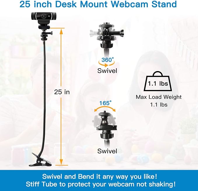 Pipishell 25 Inch Webcam Stand, Flexible Desk Mount Clamp Gooseneck Stand for Logitech Webcam C960 C930e C930 C920 C920S C922x C922 Brio 4K C925e C615 and Other Devices with 1/4" Thread-PIWS01 - Image 3