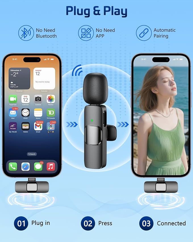 Pink Wireless Lavalier Microphone for iPhone & Android - Mini Clip-On Mic with Noise Cancellation, 65ft Range, 8H Battery, USB-C/Lightning - for TikTok, YouTube, Podcast, Live Streaming - Image 3