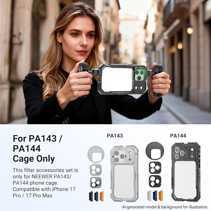 NEEWER ND Filter Set for PA143/PA144 Phone Cage Only, ND8/16/32/64 + Black Diffusion 1/4 Filter for Mist Cinematic Effect + Magnetic Backplate, Compatible with iPhone 17 Pro/17 Pro Max, Black - Image 2