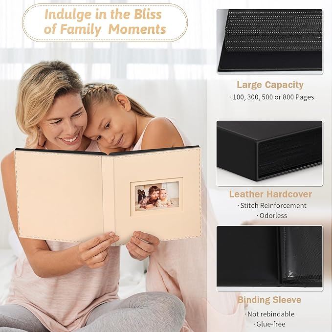 Popotop 4x6 Photo Album Holds 300 Pictures, Vegan Leather Hardcover | 300-Photos Capacity, Acid-Free PP Slip-In Pockets, Mixed-Orientation Layout, Front Photo Window, Gifts for Wedding Baby - Image 4