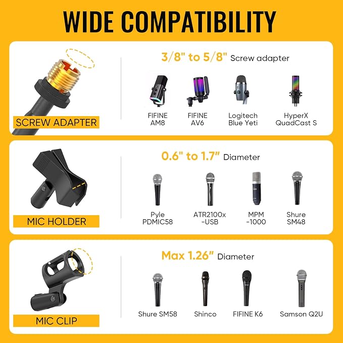 Microphone Stand for Light Microphone less than 1 LB - Tripod Boom Arm Mic Stand with Carrying Bag, 2 Mic Clips and Screw Adapter Portable for Singing Performance Wedding Stage and Mic Mount - Image 6