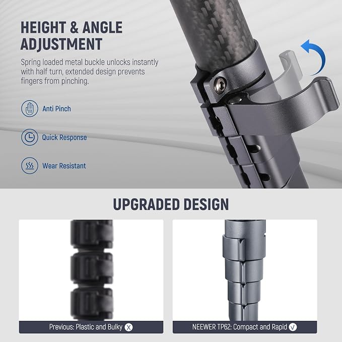 NEEWER LITETRIP LT32 Camera Travel Tripod, Carbon Fiber Portable Stand, Ball Head Detachable Center Axis Flip Buckle Cleaning Cloth Arca QR Plate Compatible with PD (Former TP62) - Image 4