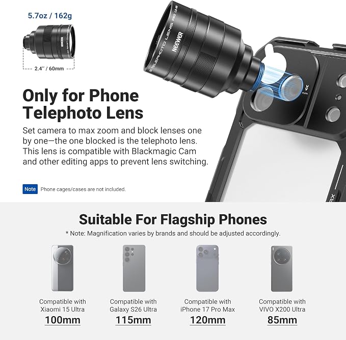NEEWER 3X Teleconverter for Phone Telephoto Lens Only, 360mm Equivalent, 12 Elements 6 Groups, 17mm Thread, Compatible with iPhone Android Samsung Xiaomi, Use with Phone Cage, Case & Tripod, LS-89 - Image 4