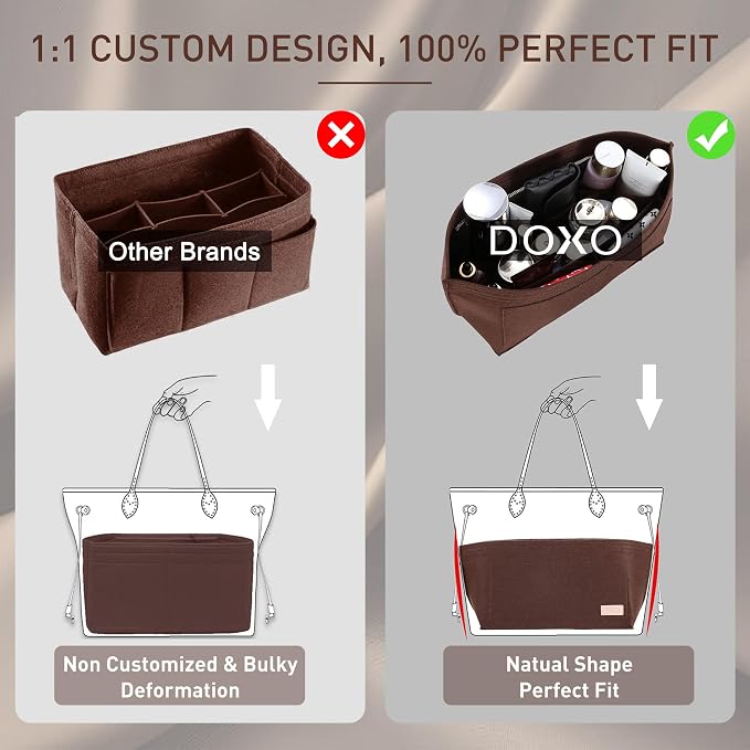 Doxo Purse Organizer Insert for Handbags & Base Shaper 2pc Set, Felt Neverfull MM Organizer Insert, Tote Bag Organizer with Zipper Pocket and Bottle Holder, Fit Speedy 30 Neverfull MM and More,Brown-L - Image 5