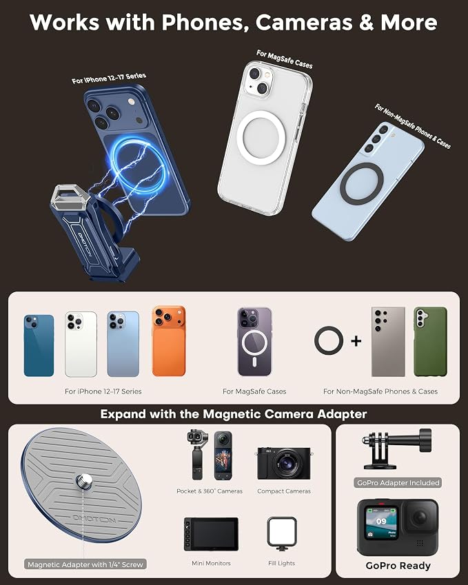 OMOTON TP02-Ultra Multi-Device Camera & Phone Mount with 1/4" Adapter, Blue | Built-In 1/4" & Arca Base, Clamp, Magnetic & Tripod Setups for iPhone, Pocket/Action Cameras, Overhead & Low-Angle Filming - Image 6