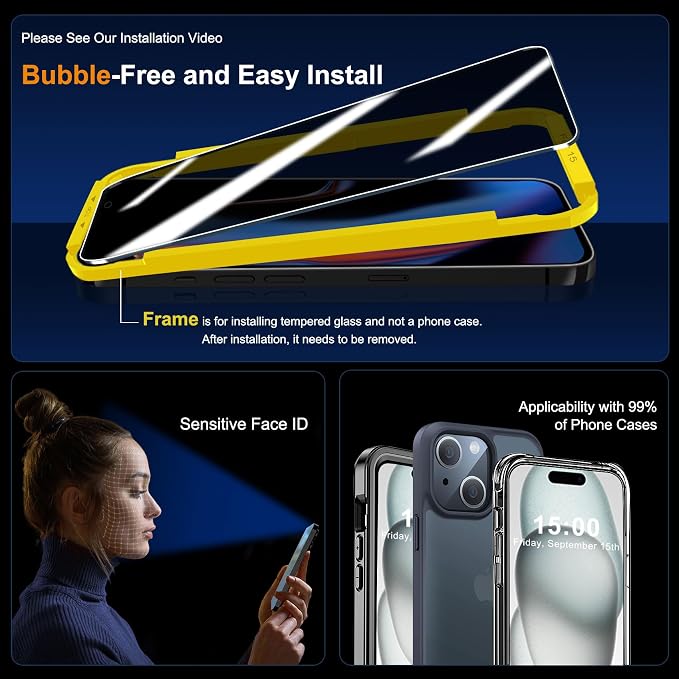 QHOHQ 3 Pack Privacy Screen Protector for iPhone 15 [6.1 Inch] with 3 Pack Camera Lens Protector, Anti Spy Tempered Glass Film, 9H Hardness, HD, Bubble Free, Case Friendly - Black - Image 6