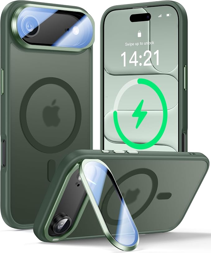 VOFATA [Upgraded Full Camera Protection] for iPhone Air Case with Camera Cover Stand [Fit for MagSafe][10FT Mil-Grade Protection] Translucent Magnetic Phone Cover for iPhone 17 Air Case, Green by VOFATA