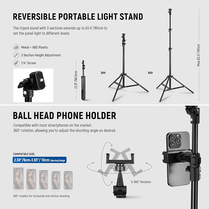 NEEWER BASICS15W 10.8" LED Video Light Panel Lighting Kit with 63" Tripod Stand/Phone Holder,Edge Lit Bi Color Dimmable Full Screen Light 816lux CRI95+ for Photography Filming Recording Streaming,L220 - Image 5
