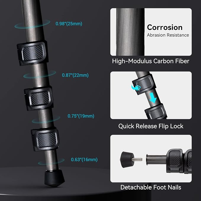 SmallRig AP-10 52.4" Carbon Fiber Camera Tripod Max. Payload 11lb | 360° Ball Head, Detachable Monopod, Lightweight & Compact, Quick Release Plate For Arca - Image 8