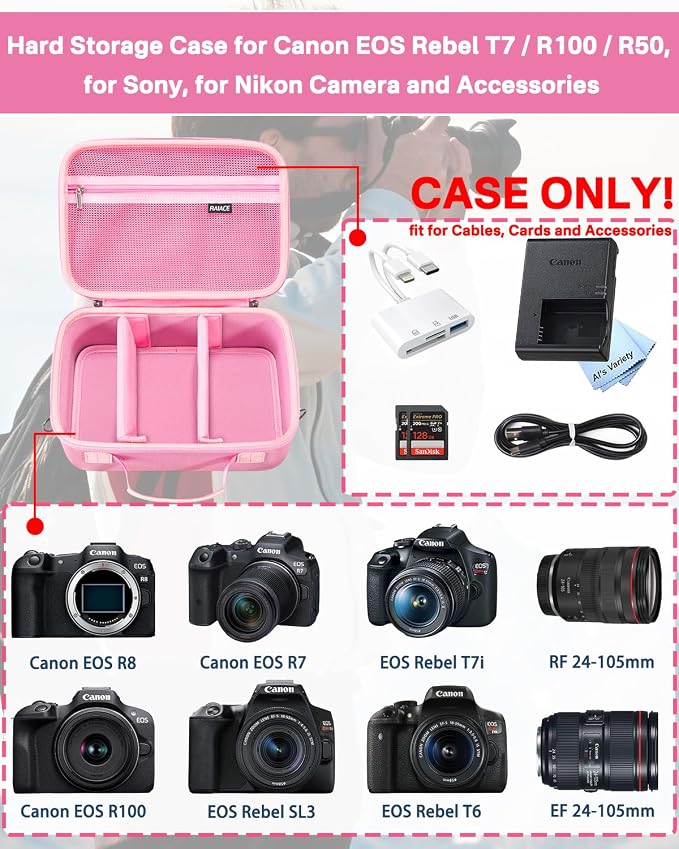 RAIACE Hard Carrying Case Compatible with Canon EOS Rebel T7/ T100/ T6/ R100/ R50/ R5/ R7/ R8, for Sony, for Nikon Camera. Large Capacity Camera Bag for Lens, Cables, Cards and Accessories. - Pink - Image 2