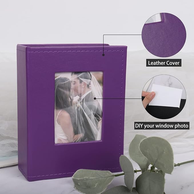 RECUTMS Photo Album 4x6 Picture 100 Photos Leather Small Family Book Purple | White Inner Page, 100 Vertical Pockets, Travel Anniversary Baby Wedding Albums, DIY Cover Window, Birthday Graduation Gifts - Image 3