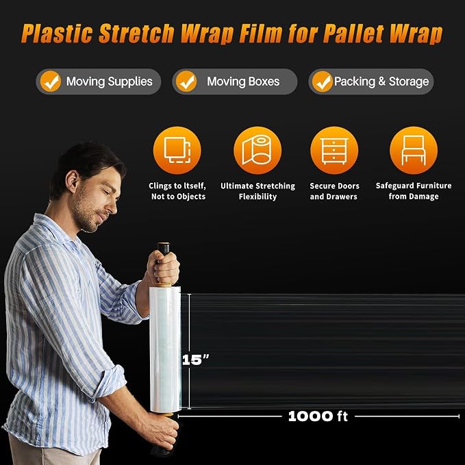 Stretch Film Shrink Wrap for Moving Supplies (15inch, 2 Pack) x 1000ft, Industrial Strength Plastic Wrap Stretch Roll for Pallet Wrapping Shipping Moving Boxes Storage Furniture with Handles, Clear - Image 5