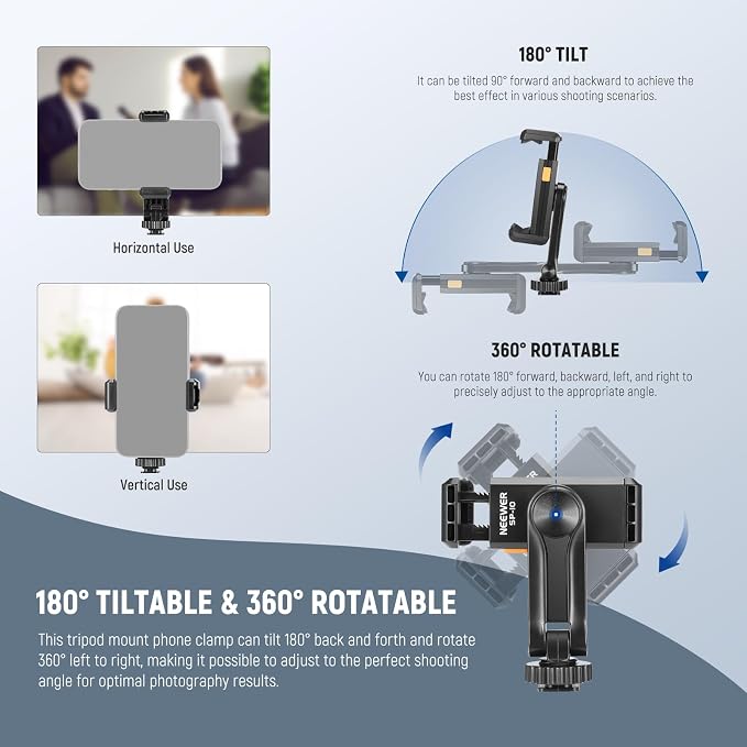 Neewer Basic Phone Tripod Mount Holder with 1/4" Thread & Cold Shoe, 2.36"-3.54"/6-9cm 360° Rotatable Camera Mount Cellphone Clamp for iPhone 16 15 14 13 12 11 Pro Max X XR Samsung S24 Ultra, SP-10 - Image 6
