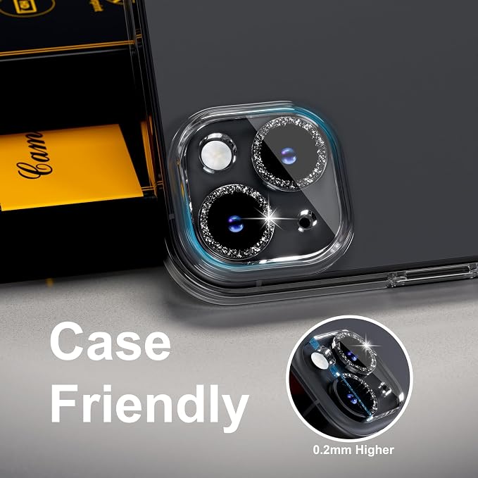 for 6 Pack iPhone 15 / iPhone 15 Plus Camera Lens Protector [Drop Protection] [Case Friendly] [Easy Installation] 9H Tempered Glass Camera Screen Protector Cover Accessories, Glitter Black - Image 6