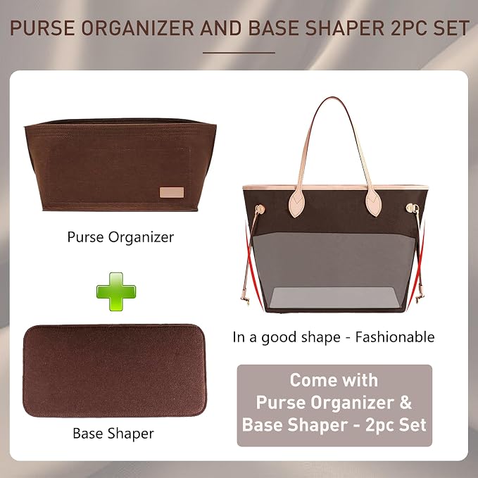 Doxo Purse Organizer Insert for Handbags & Base Shaper 2pc Set, Felt Neverfull PM Organizer Insert, Tote Bag Organizer with Zipper Pocket and Bottle Holder, Fit Neverfull PM and More, Brown-M - Image 3