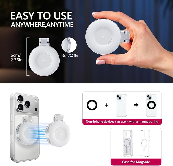 Magnetic Selfie Light, Folding Phone Ring Light | Compatible with iPhone Magsafe, CRI97 360° LED Selfie Ring Fill Light with Mirror for Video Recording/Selfies/Make up/TikTok - Image 2