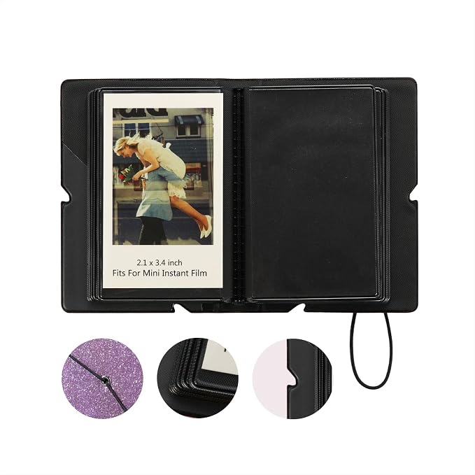 2x3 Instax Mini Photo Album, 28 Pockets. Glitter Purple, 1PK | Portable Wallet Size Album Stores 2x3 inch Instant Photos. Fits Polaroid, Instax Mini, Kodak Mini Prints and Zink. - Image 3