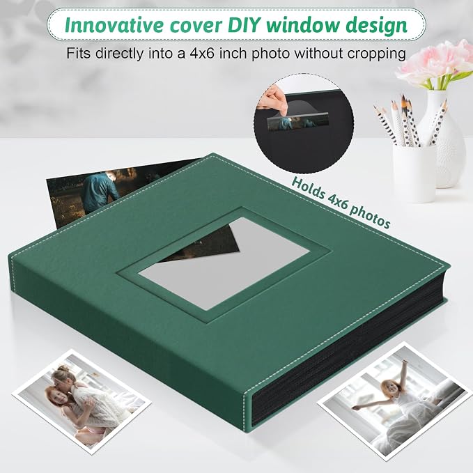 Popotop 4x6 Photo Album Holds 300 Pictures, Vegan Leather Hardcover | 300-Photos Capacity, Acid-Free PP Slip-In Pockets, Mixed-Orientation Layout, Front Photo Window, Gifts for Wedding Baby - Image 2