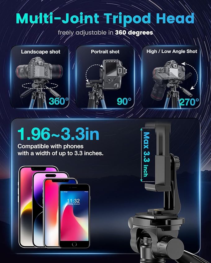 CAMBOFOTO 74″ Camera Tripod, 360° Aluminum Lightweight Tripod/Navy Blue | Heavy‐Duty Professional Tripod Stand for DSLR & Mirrorless Cameras/Smartphones/GoPro, with 360° Pan Head/Phone Mount - Image 5