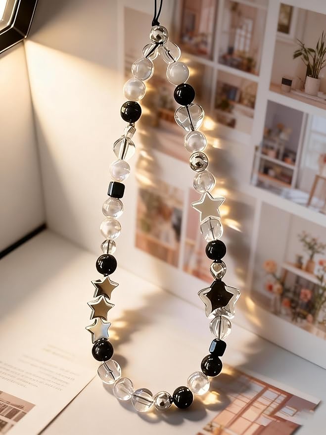 2 Pcs Phone Charm Strap Hand for iPhone Wrist Strap Camera Lanyard Pearl Beaded Cute Chain String Accessories Universal for iPhone 17 Pro Max 16 15 Samsung Women Girls Keychain Silver and Black Star - Image 7