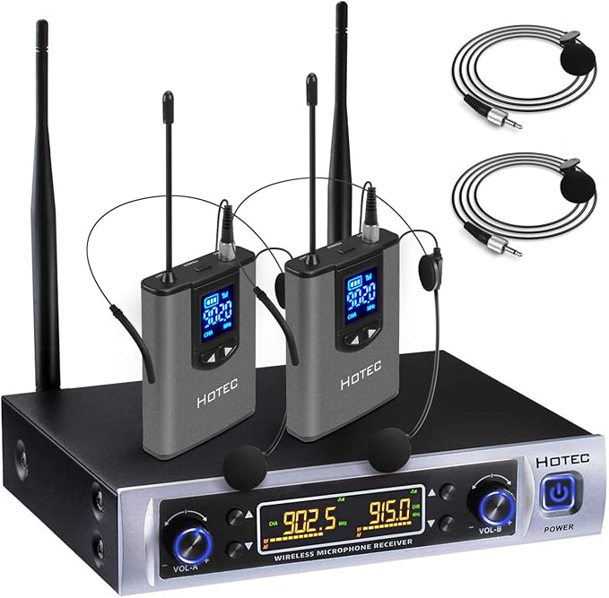 HOTEC UHF Wireless Microphone System with Dual Lapel/Lavalier and Headset Microphones Over PA, Mixer, Speaker, Karaoke Machine for Church, Training, Classroom, Interview (H-K25) by Hotec