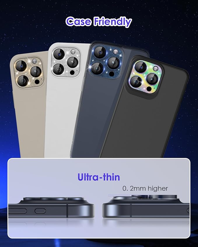 Compatible for iPhone 15 Pro/iPhone 15 Pro Max Camera Lens Protector Glitter Plus 9H Tempered Glass Screen Camera Cover Titanium Glitter Black - Image 7