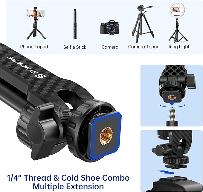 SYNCWIRE Tripod Phone Mount, Universal Smartphone Mount Adapter with 2 Cold Shoe and 1/4" Screw, 360° Rotates and 180° Tilts Adjustable Cell Phone Clamp Holder for Enhancing Mobile Photography Setup - Image 3