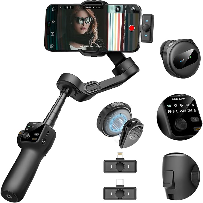 AOCHUAN 3-Axis Gimbal Stabilizer for iPhone with Lavalier Mic(V8 Mic Kit) | Phone Gimbal with Lavalier Microphone, 7.8" Extension Pole, and Oled Display for Youtube, Tiktok Vlogging, Video Recording by AOCHUAN