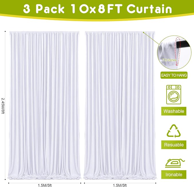 White Backdrop Curtain Drapes for Parties, 3Pack 10x8FT | Wrinkle Free Polyester Curtain Backdrop Draping Fabric for Backdrop Photoshoot Birthday Party Background,6 Panel 5x8FT - Image 2